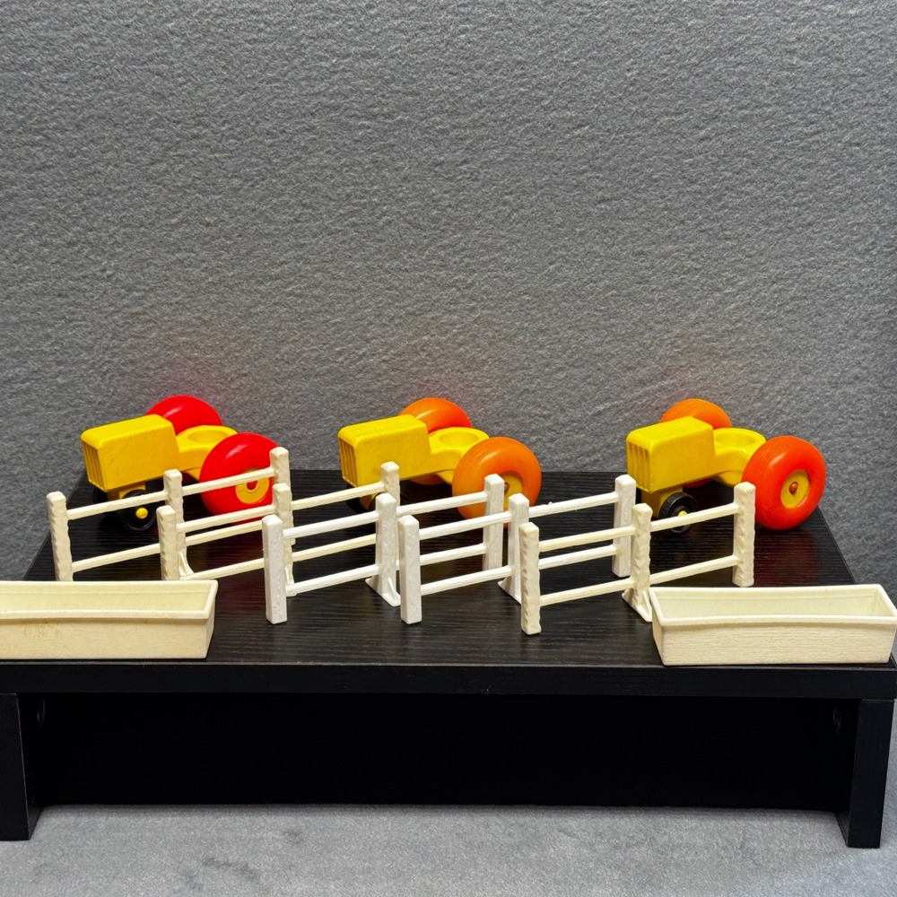 Vintage Fisher-Price Little People Farm Set 3 Tractors 6 Fences 2 Troughs Yellow